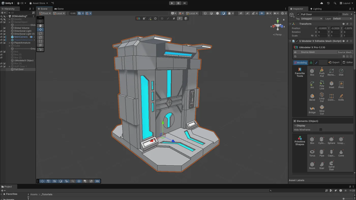 A sci-fi door and frame with glowing panels, modeled in UModeler X inside the Unity Editor