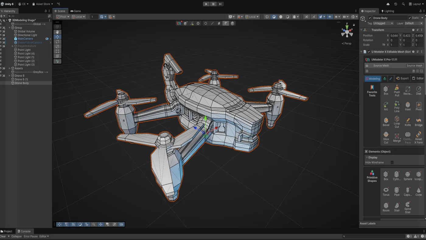 A quadcopter drone with four rotors, modeled in UModeler X inside Unity