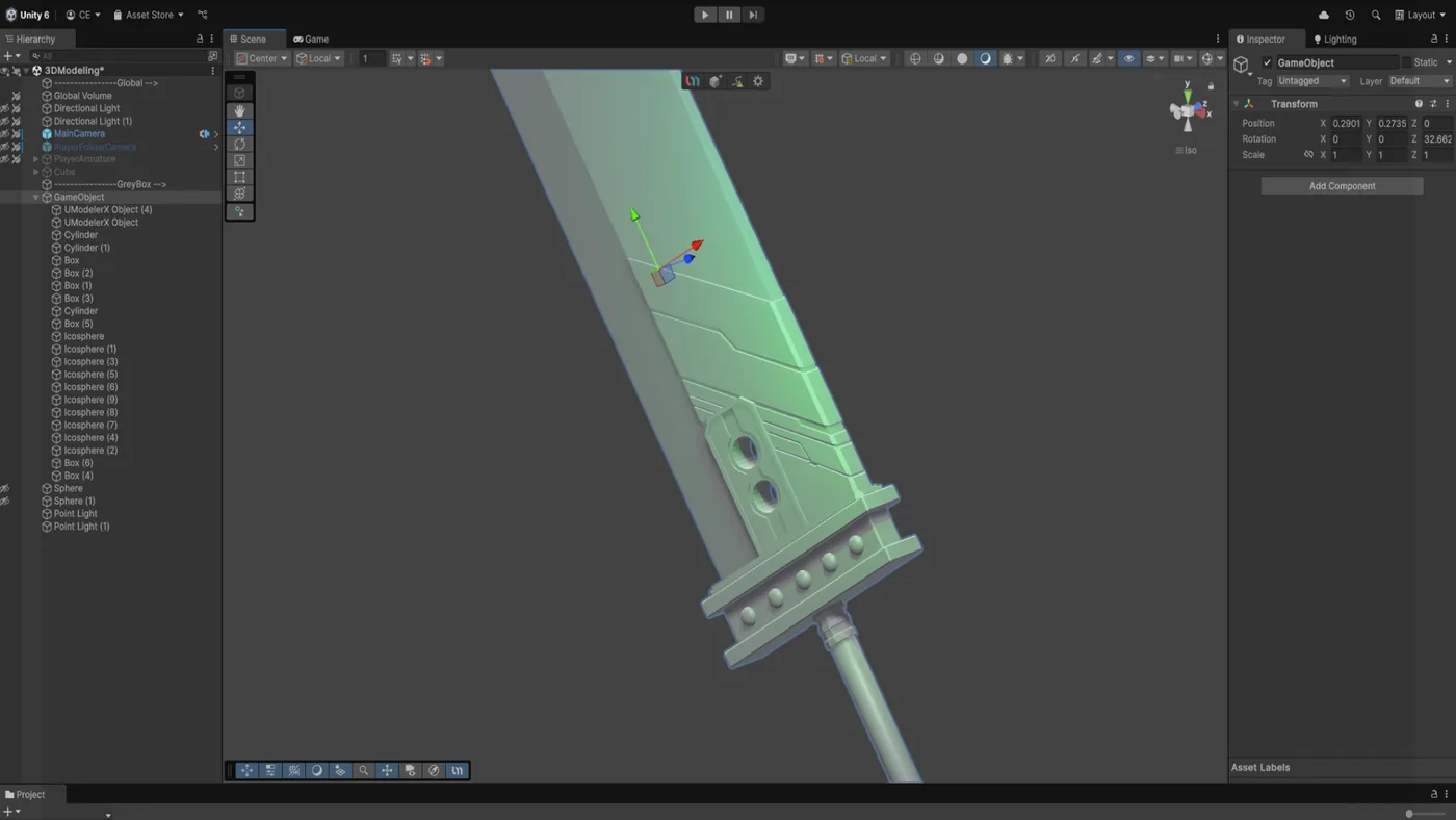 A detailed sci-fi sword blade modeled in UModeler X, shown in the Unity scene view