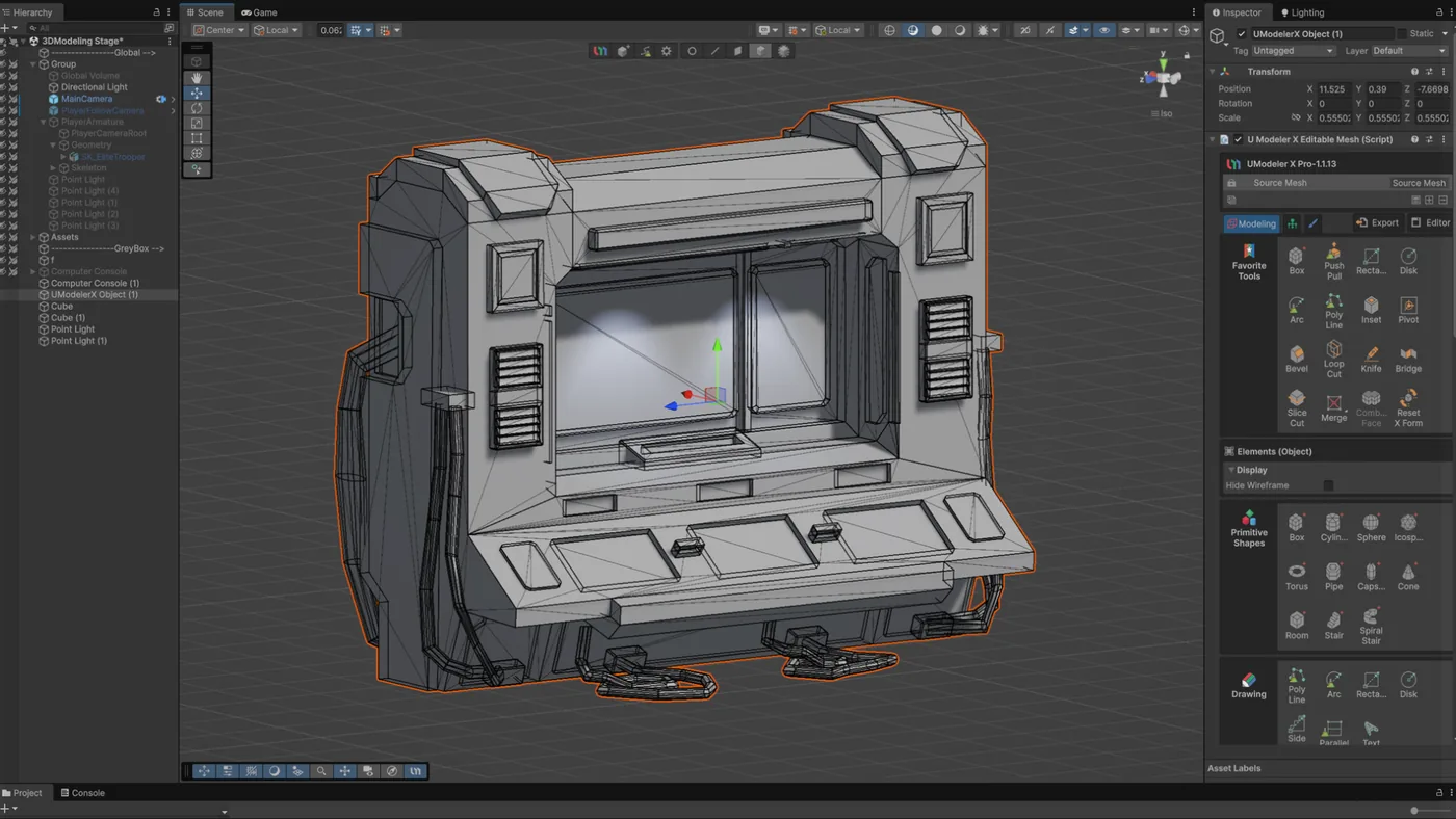 UModeler X modeling a sci-fi console directly in the Unity scene view, with the UModeler X modeling panel and Unity hierarchy visible