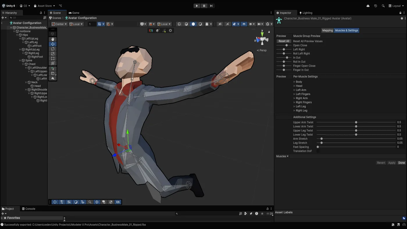 A rigged character in Unity's Avatar Configuration with its bone hierarchy and muscle settings, set up with UModeler X