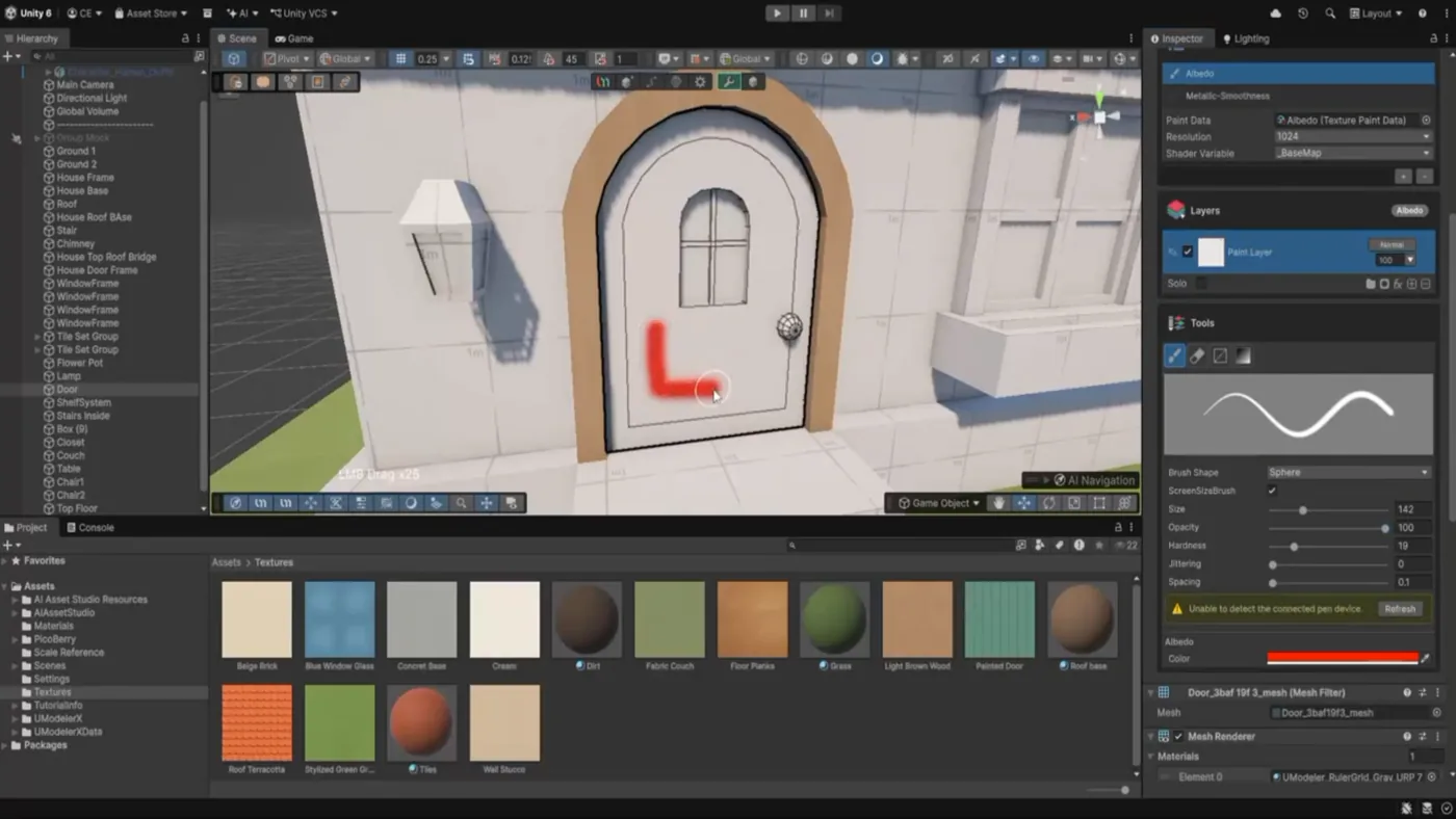 UModeler X 3D texture painting on a house door in the Unity scene view, with the paint Layers panel, brush settings and a texture palette visible