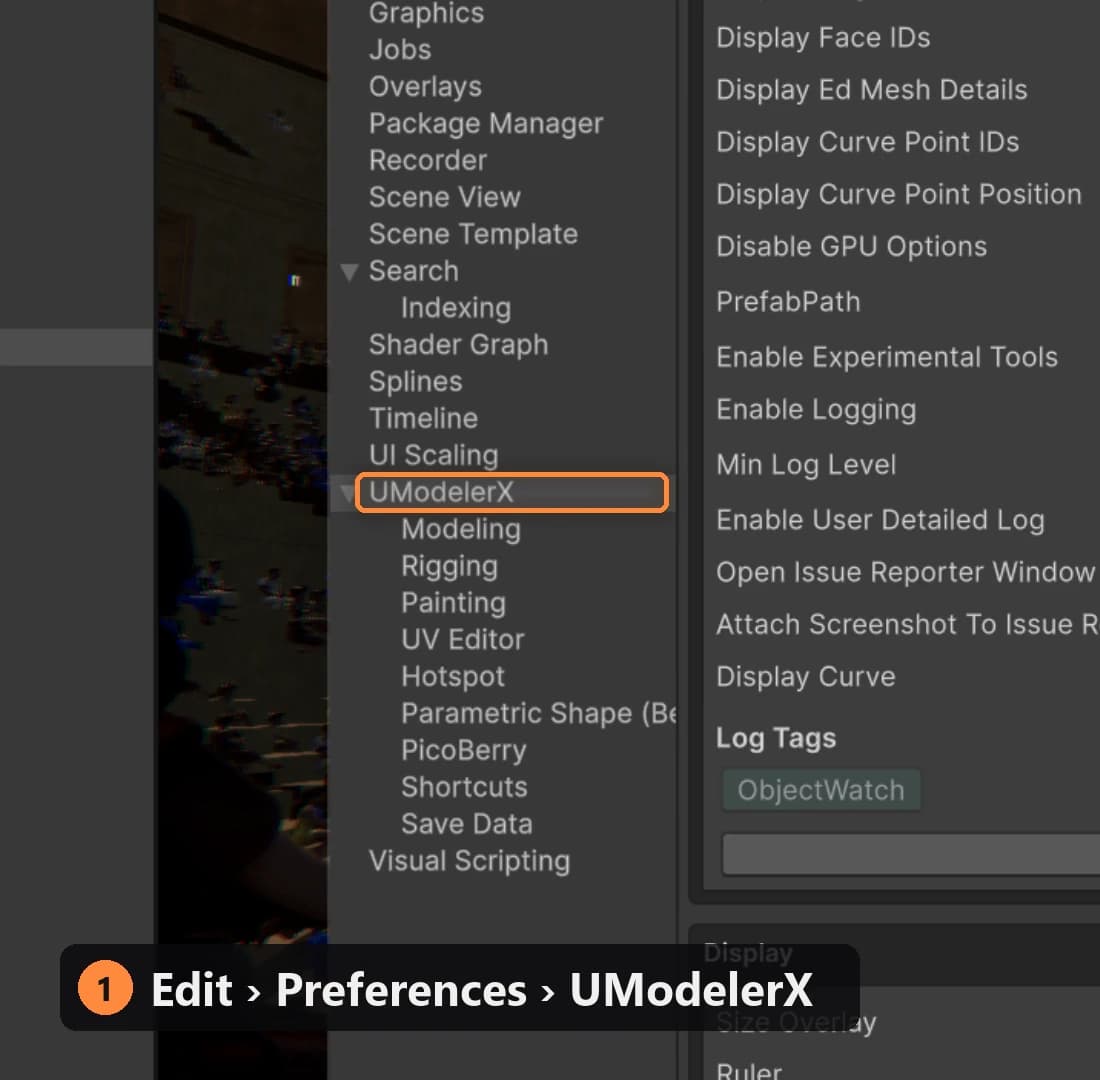 The Unity Preferences window with UModelerX selected in the list on the left.
