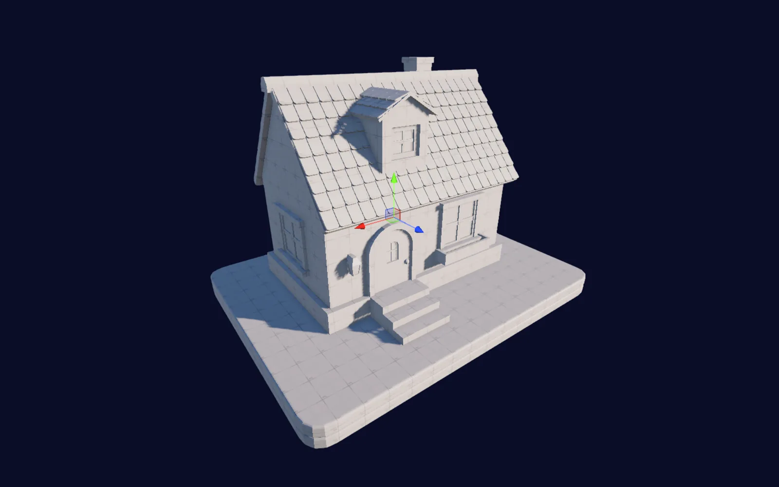 A detailed low-poly cottage modeled in UModeler X — tiled roof, chimney, dormer window and front steps — shown untextured with a move gizmo on a dark background