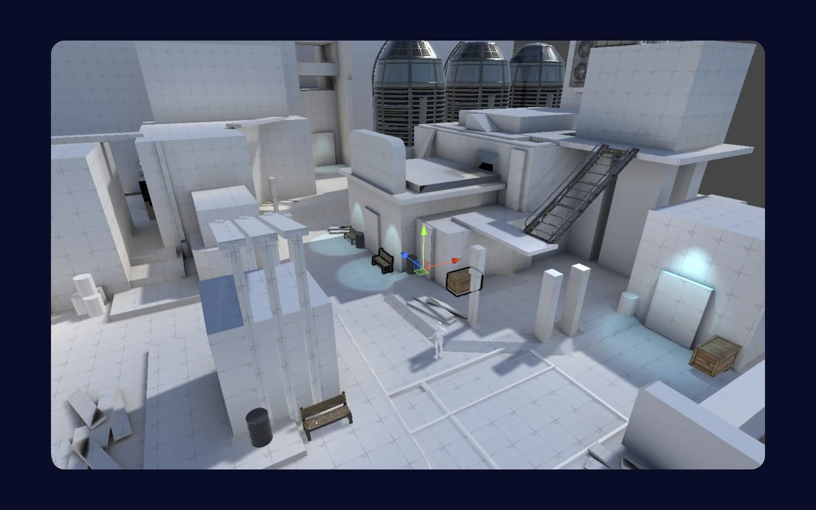 A whitebox game level designed in UModeler X inside the Unity Editor — blocked-out buildings, walkways, a ladder, crates and a scale figure in a sci-fi courtyard