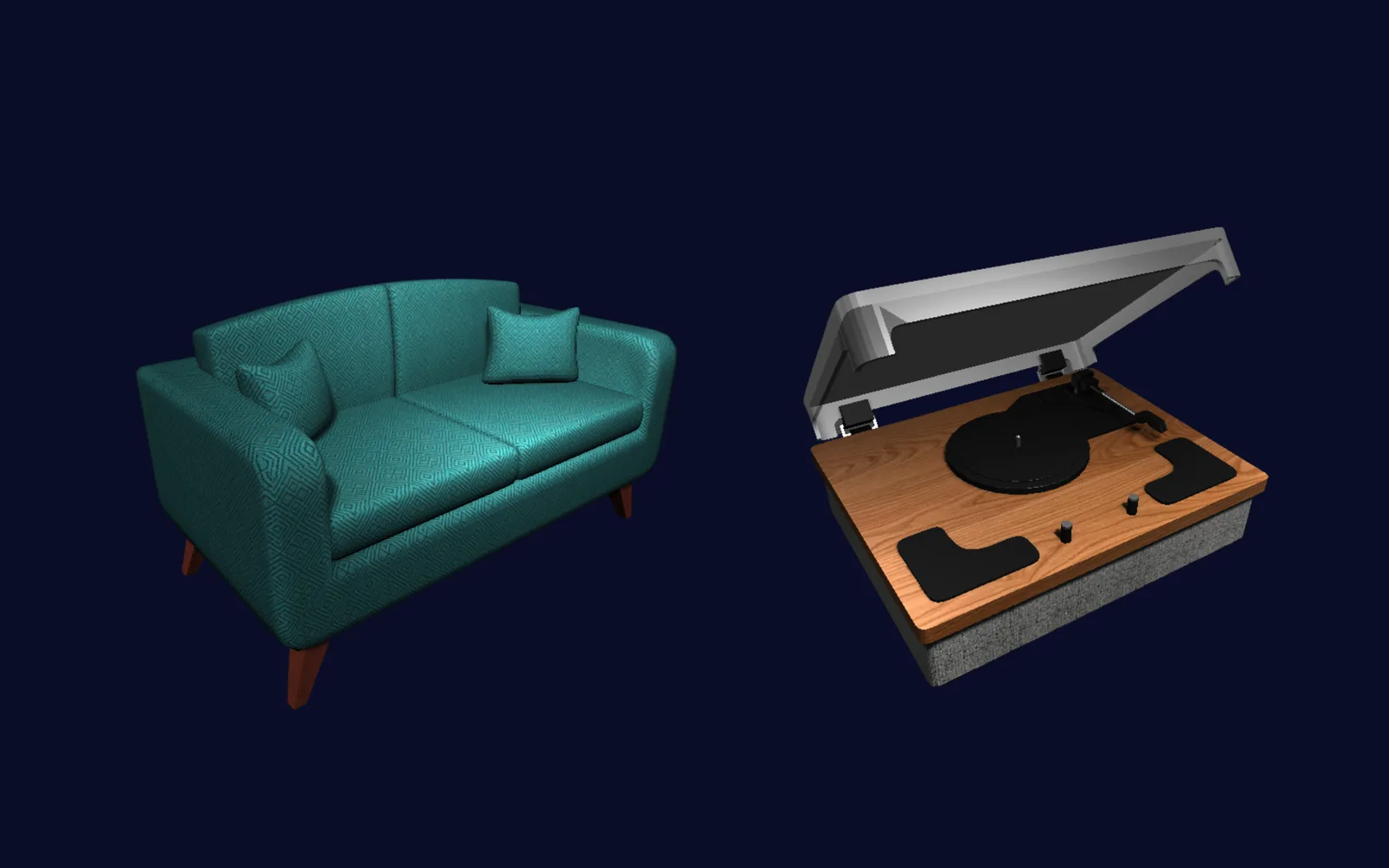 Two finished textured assets made in UModeler X on a dark background: a teal patterned two-seat sofa with cushions and a wooden record player with its lid open