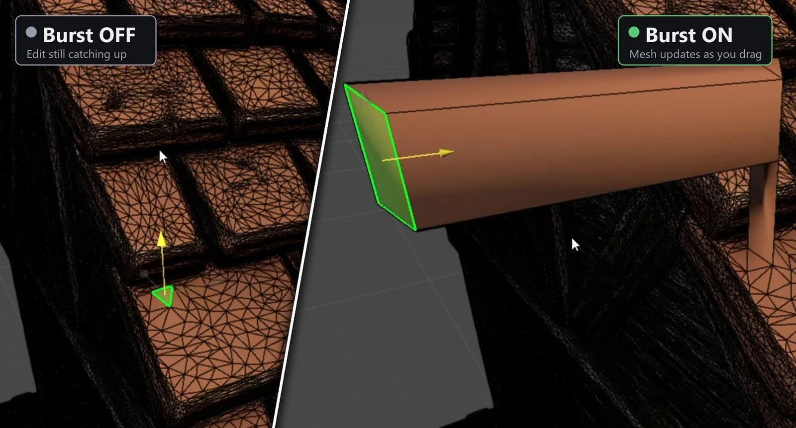 Two Scene view captures side by side, labeled "Burst OFF: Edit still catching up" and "Burst ON: Mesh updates as you drag".