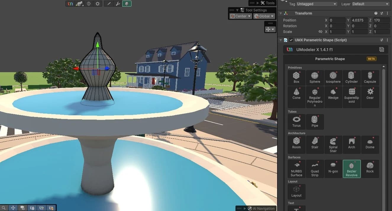 A fountain finial built with the Bezier Revolve shape, shown as a wireframe with the move gizmo, with Bezier Revolve highlighted in the Inspector's Parametric Shape palette.