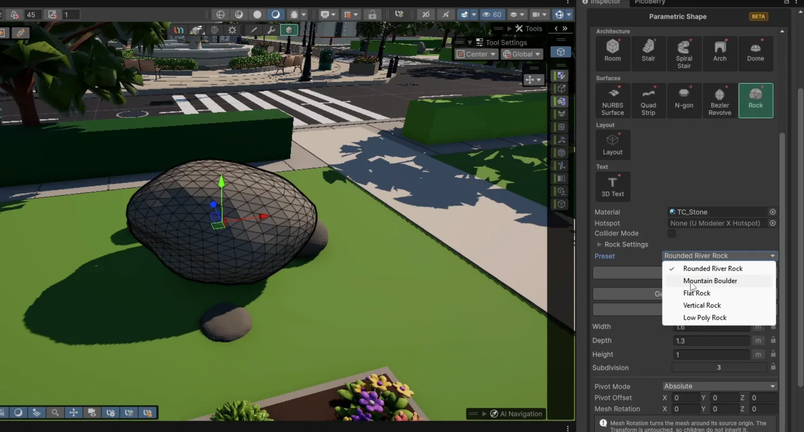 A Rock parametric shape selected in UModeler X, its Preset dropdown open: Rounded River Rock, Mountain Boulder, Flat Rock, Vertical Rock, Low Poly Rock.