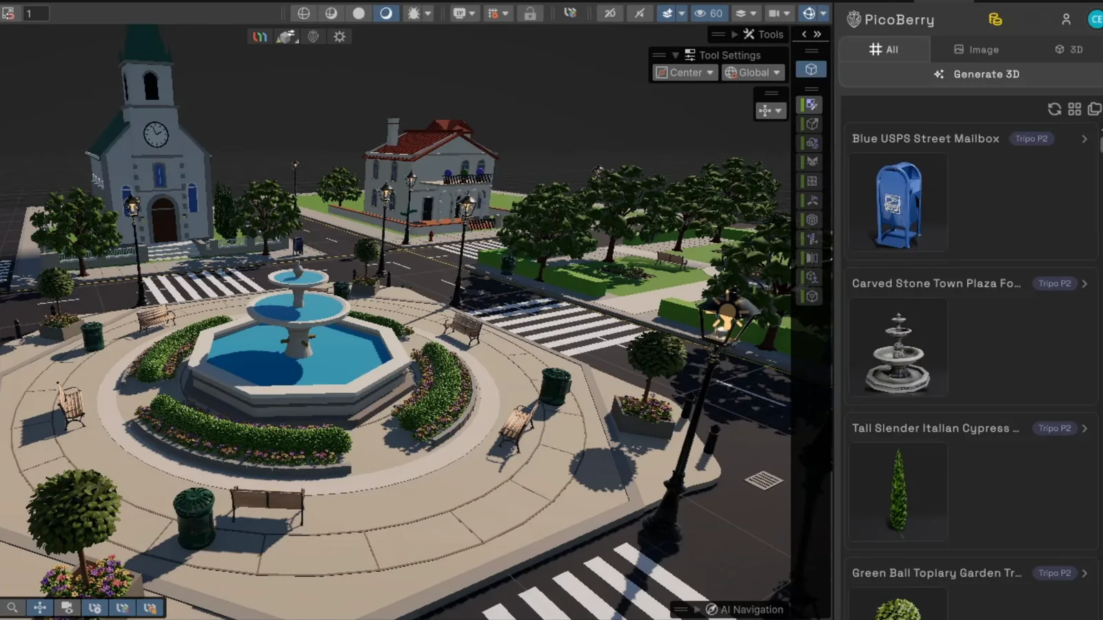 The PicoBerry window docked in the Unity Editor, listing generated assets — a blue street mailbox, a carved stone plaza fountain, a tall Italian cypress — next to the finished plaza.