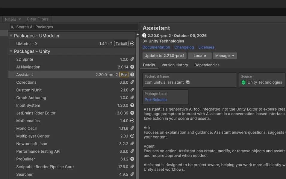 Unity Package Manager with the Assistant package (com.unity.ai.assistant, by Unity Technologies) selected, and UModeler X listed under the project's packages.