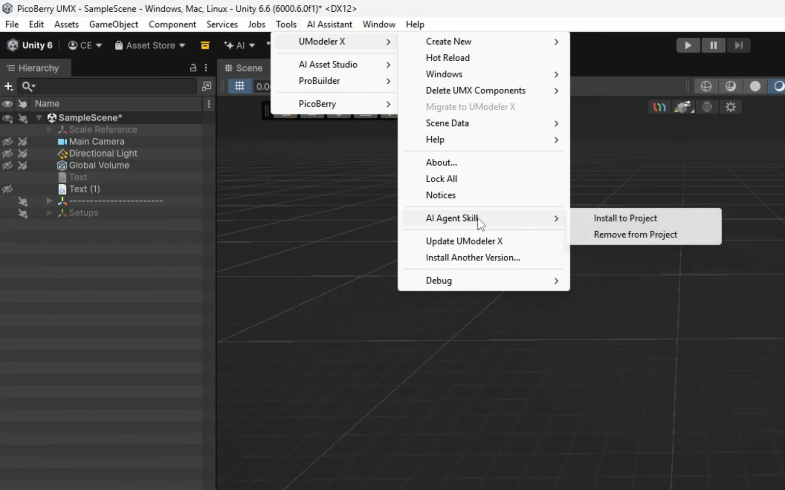 Unity's Tools menu open at UModeler X › AI Agent Skill, with Install to Project and Remove from Project in the submenu.