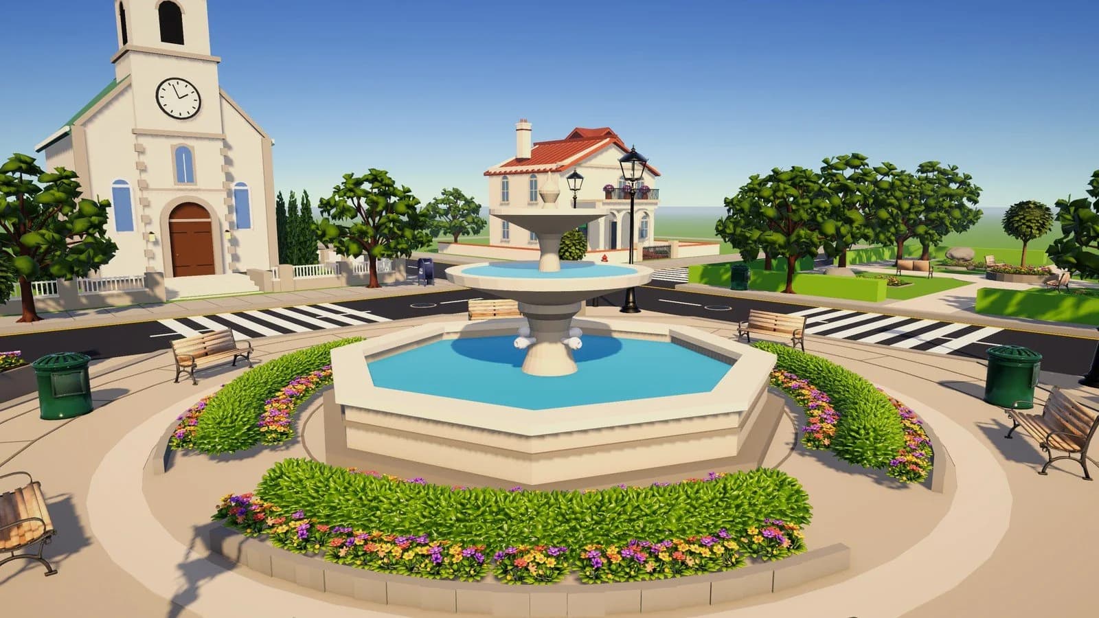 The fountain plaza in the finished town: a tiered fountain ringed by flower beds, with benches, trash cans, street lamps and the church behind it.