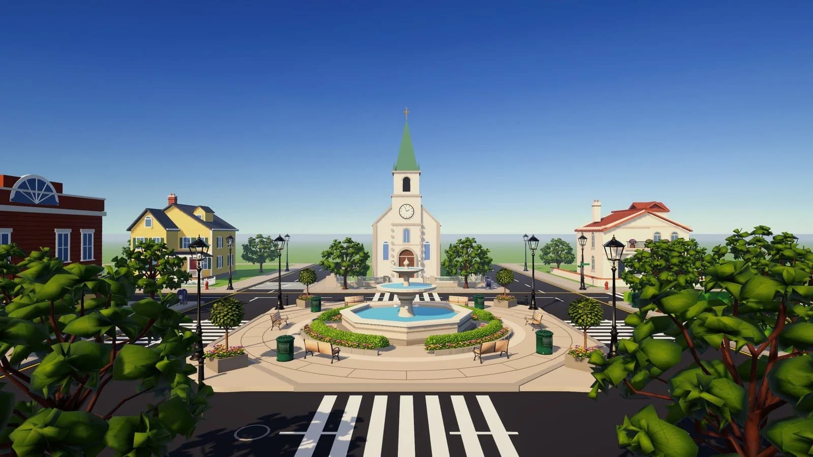 The finished stylized town in Game view — church, central fountain and houses, no editor gizmos.