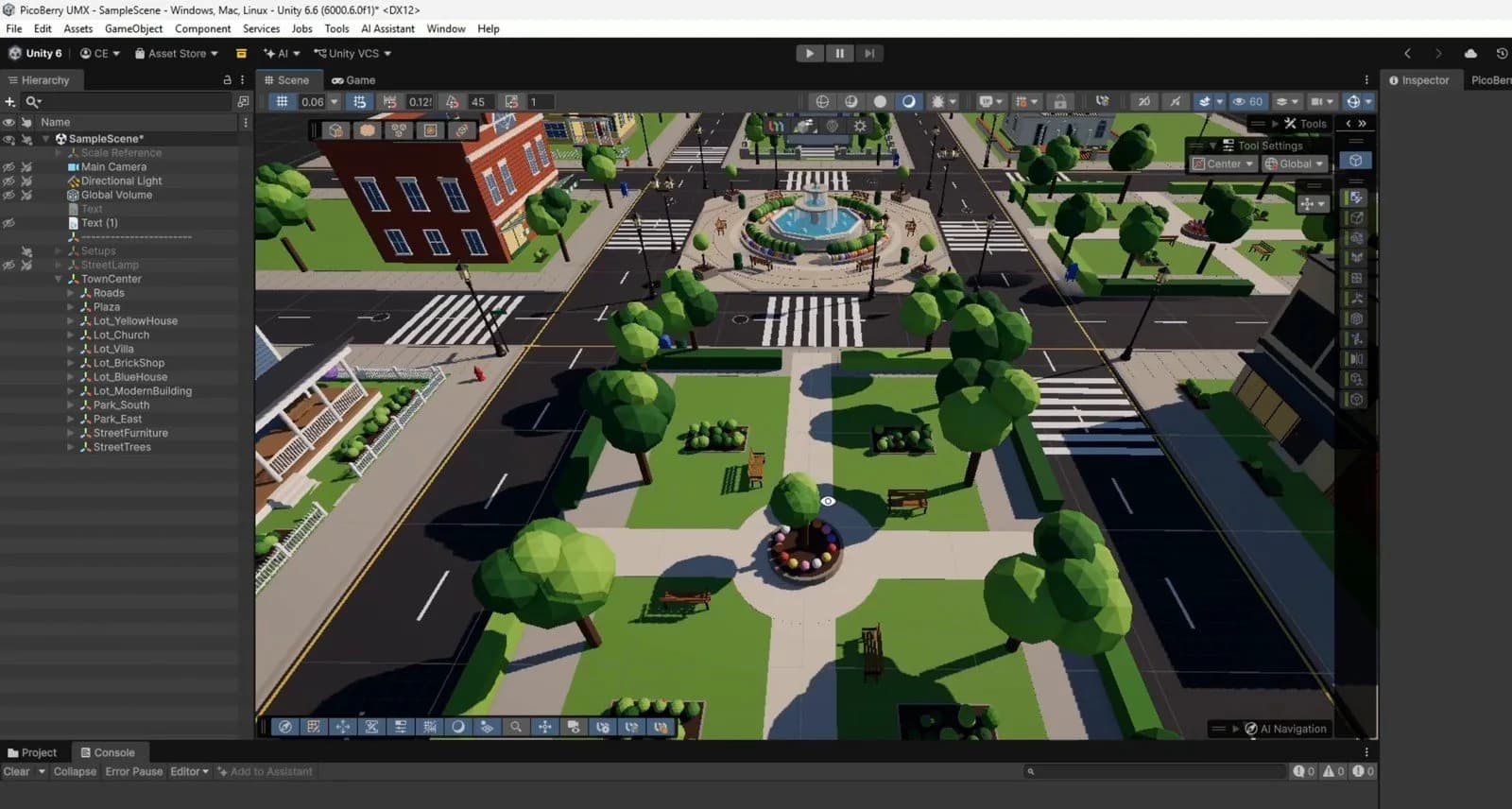 The agent's town open in the Unity Editor, with the Hierarchy grouped into roads, plaza, lots, parks and street furniture.