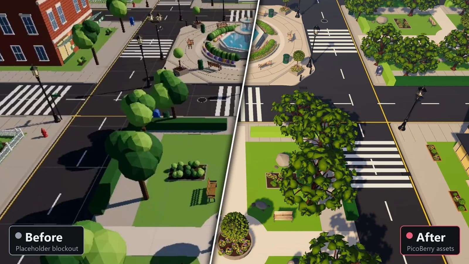 Before and after: low-poly placeholder trees and props near the brick building on the left, and a plaza corner with PicoBerry-generated trees, benches, planters and street lamps on the right.