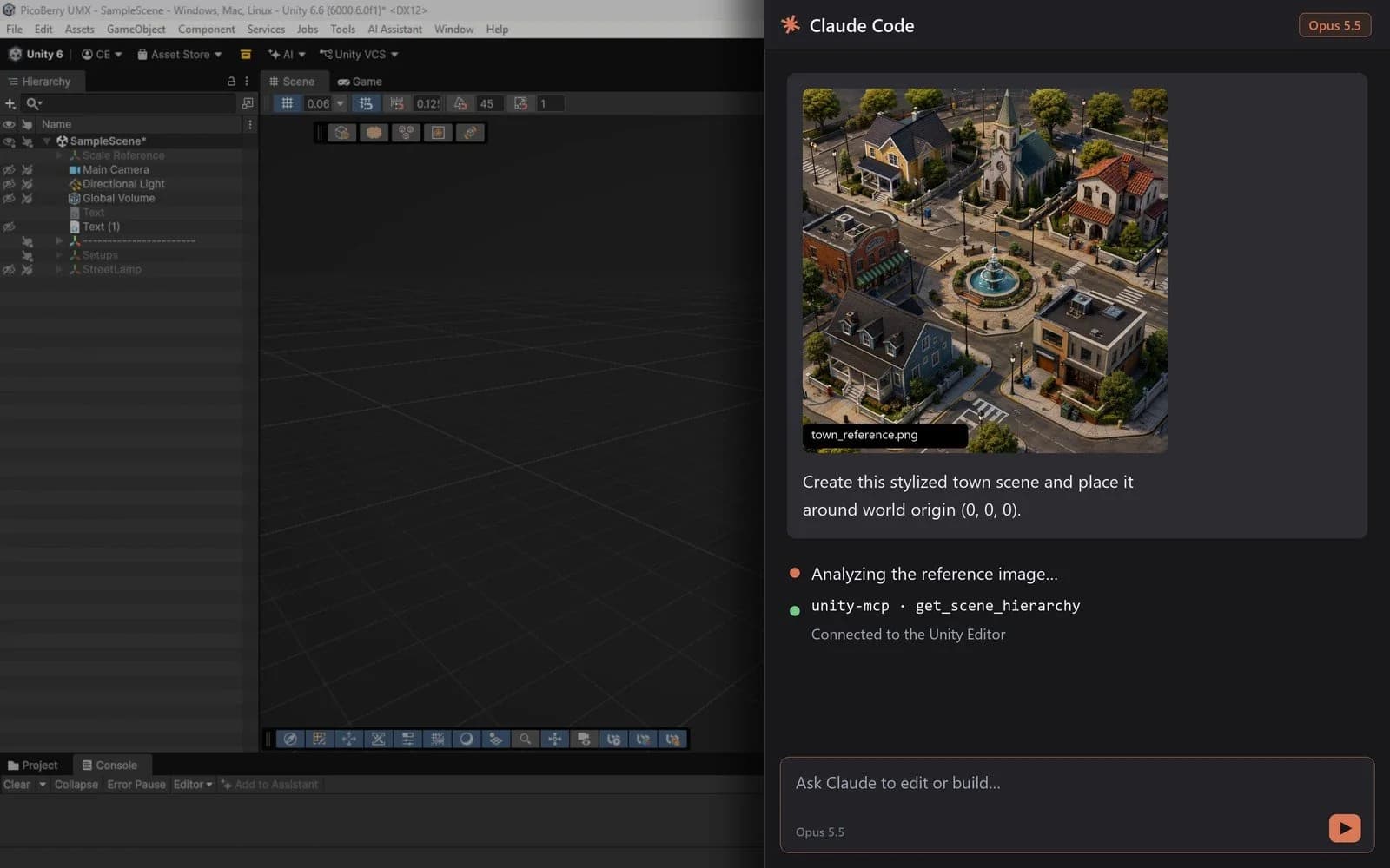The video's recreated agent panel: a town reference image and the first request — build the stylized town around world origin (0, 0, 0) — beside an empty Unity scene.
