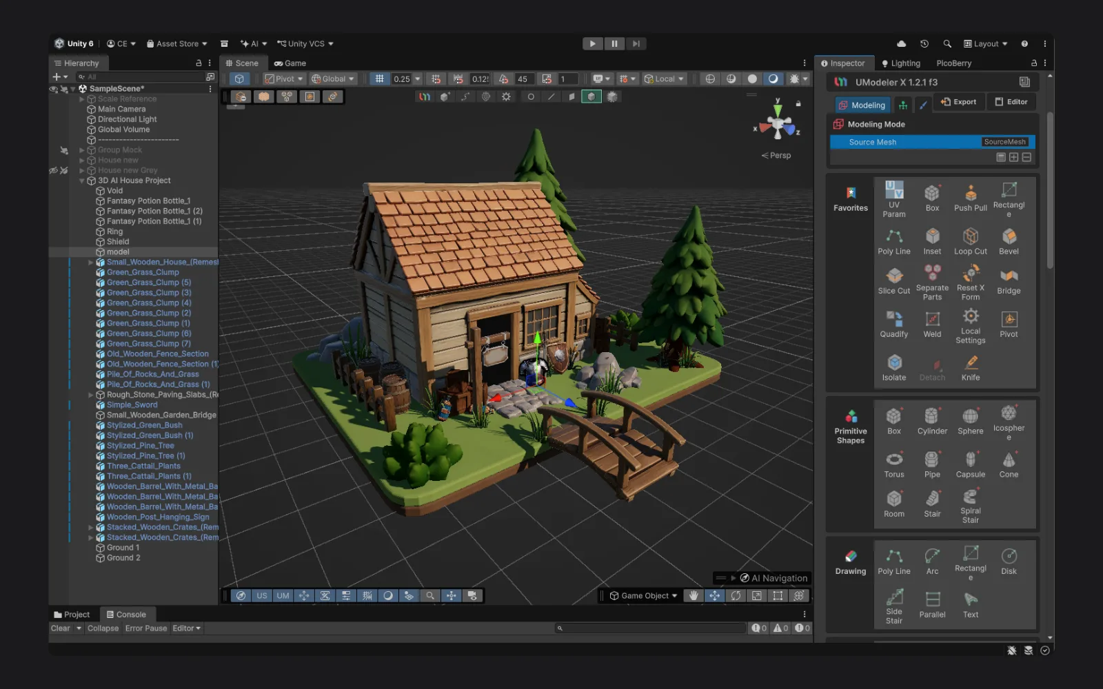 A finished shield asset placed in a stylized game scene, with a lattice-deformer view of the shield model
