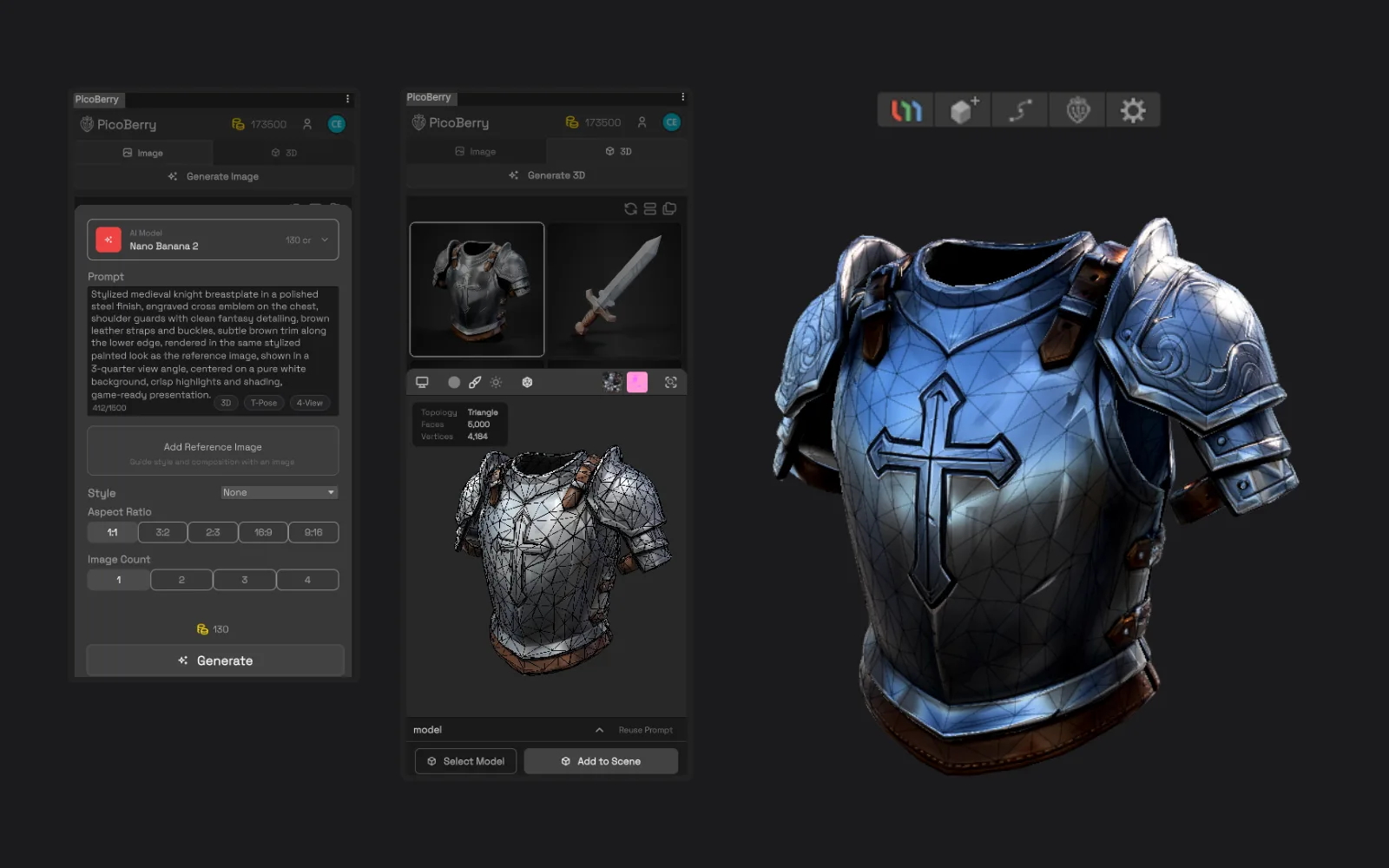 Generating a 3D knight breastplate with the built-in PicoBerry Multi-Model engine in Unity
