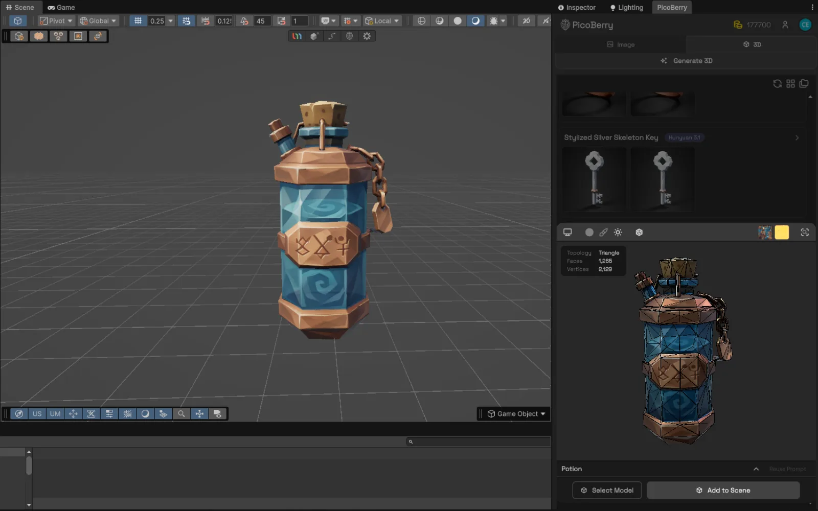 An AI-generated 3D asset placed in a Unity scene