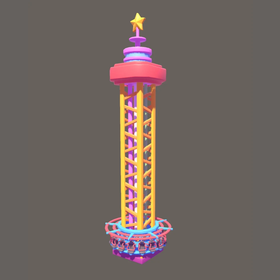 The first Gyro Drop version: a drop tower in a candy palette of pink, purple, orange and mint, with a gold star on top and a rainbow-striped mast — playful and toy-like