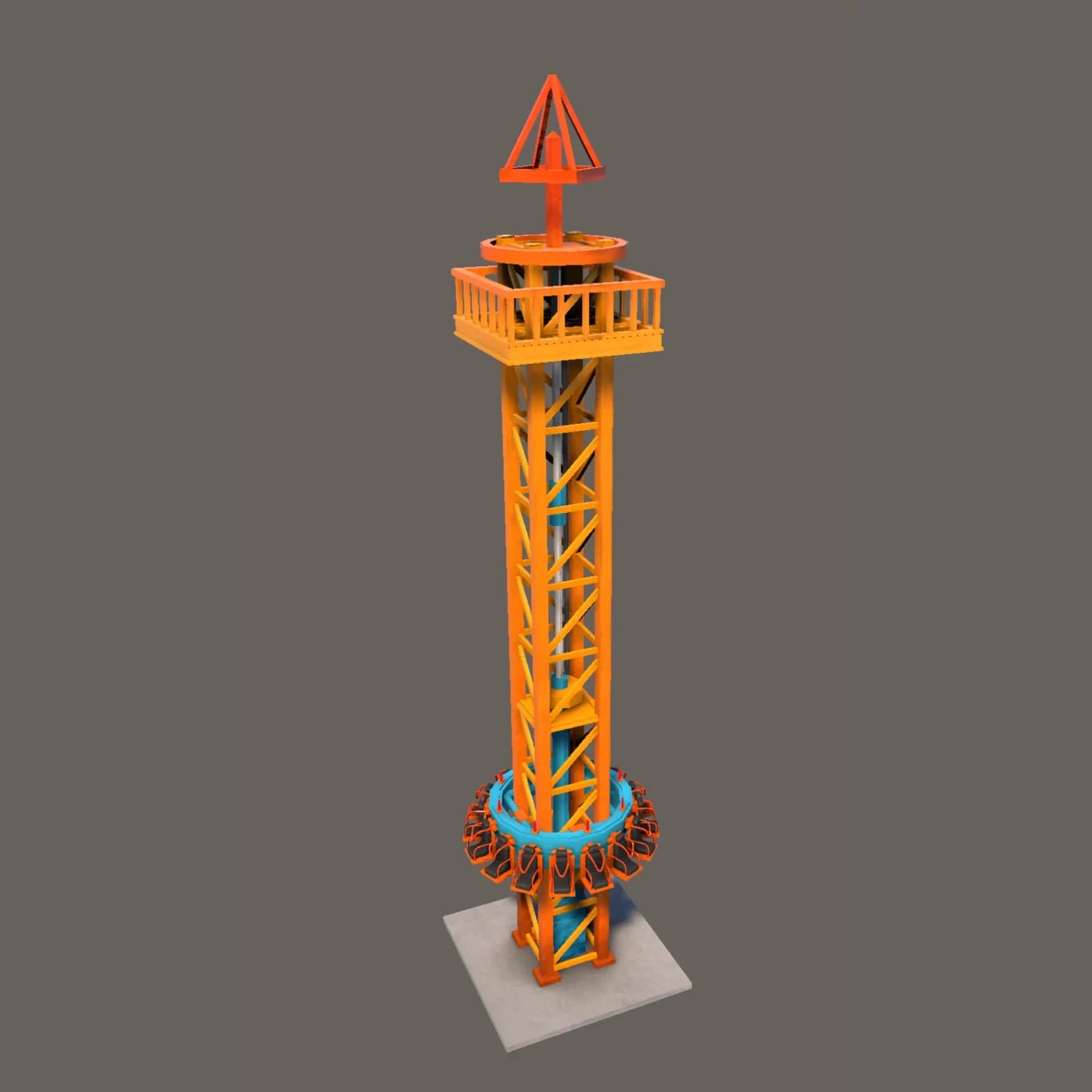Gyro Drop, second version: an orange steel lattice drop tower with a cross-braced mast, an observation deck and warning beacon on top, a blue central column, and a ring of sixteen open seats with red restraints around the base