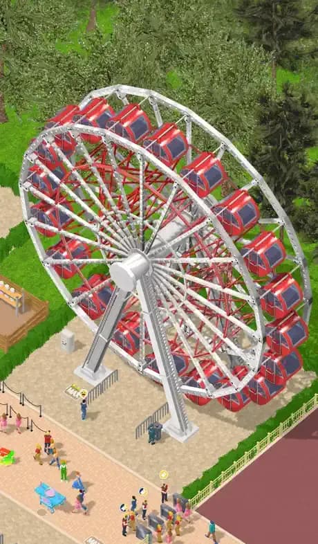 Theme Park Manager store screenshot: a large red Ferris wheel beside a park promenade, with guests queueing
