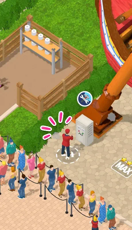 Theme Park Manager store screenshot: a long line of park guests waiting beside a ride's control booth and its operator