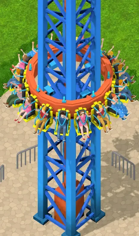 A Theme Park Manager store screenshot: the Gyro Drop's seat ring at the top of its blue lattice tower with sixteen riders raising both arms, park paths and queue rails below