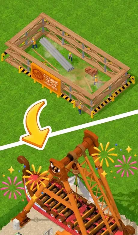 Theme Park Manager store screenshot: a construction plot above, and the finished pirate-ship swing below, framed by celebration effects