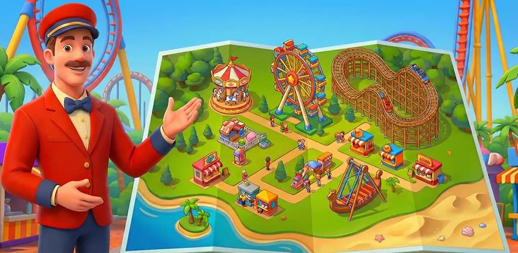Theme Park Manager promotional artwork: a wide view of the amusement park with multiple attractions, visitors and the management UI