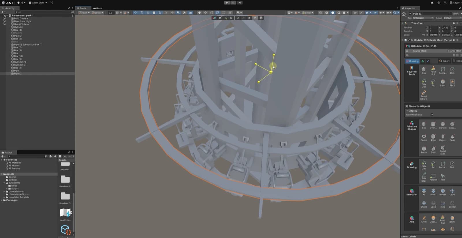 Working view in the Unity Editor: editing the drop tower's seat ring and structure with UModeler X