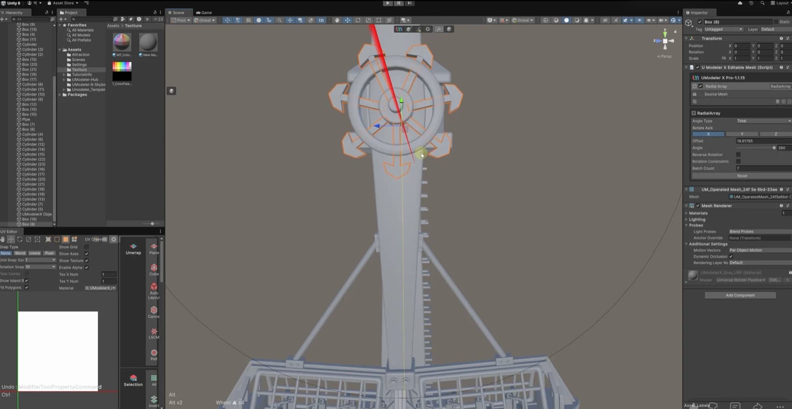 Working view in the Unity Editor: editing the drop tower's radial elements with UModeler X's Radial Array