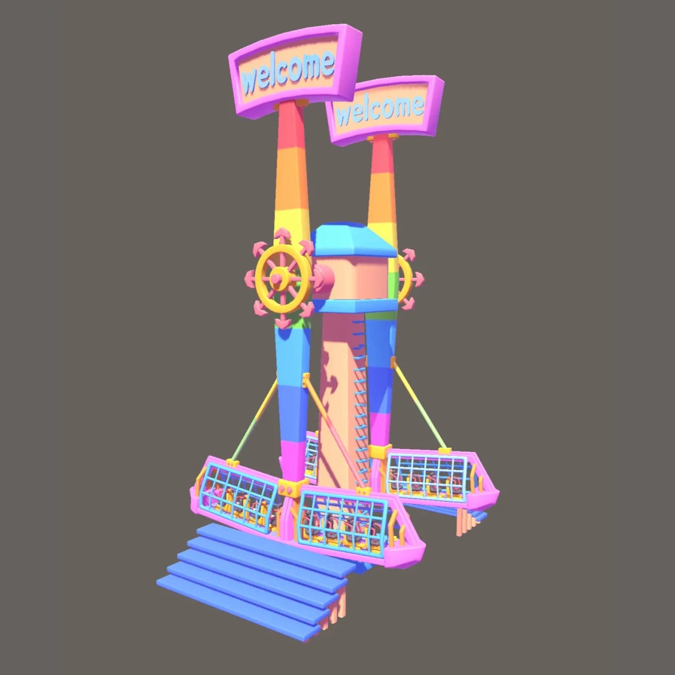 The first X-Flyer version: a pendulum swing in pastel rainbow colours with two large welcome signs, a gold ship's-wheel hub and caged gondolas — playful and toy-like