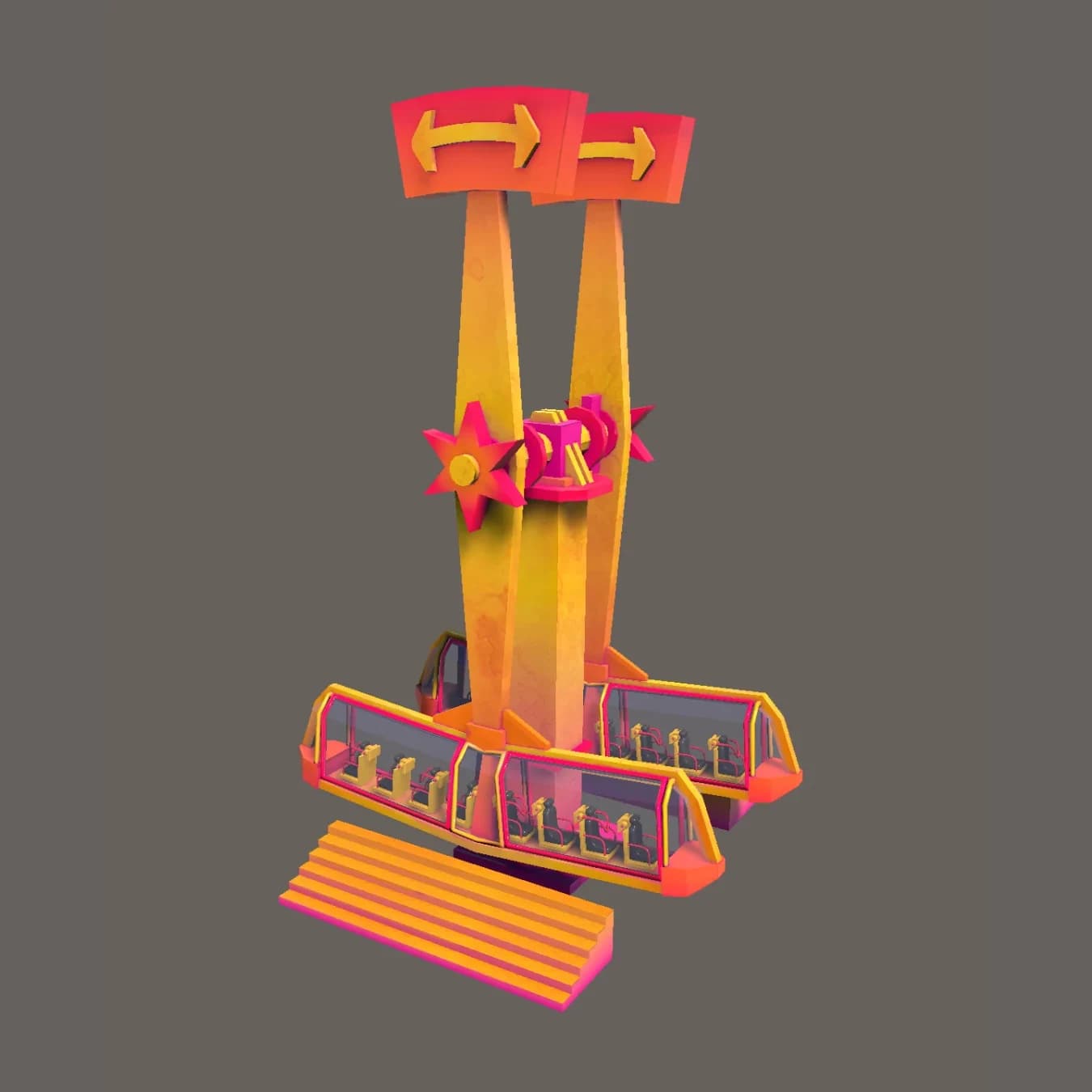 X-Flyer, second version: two tapered orange support arms, directional arrow signage, a star-shaped mechanical hub, and glazed gondolas with seats and passengers visible, above a boarding ramp