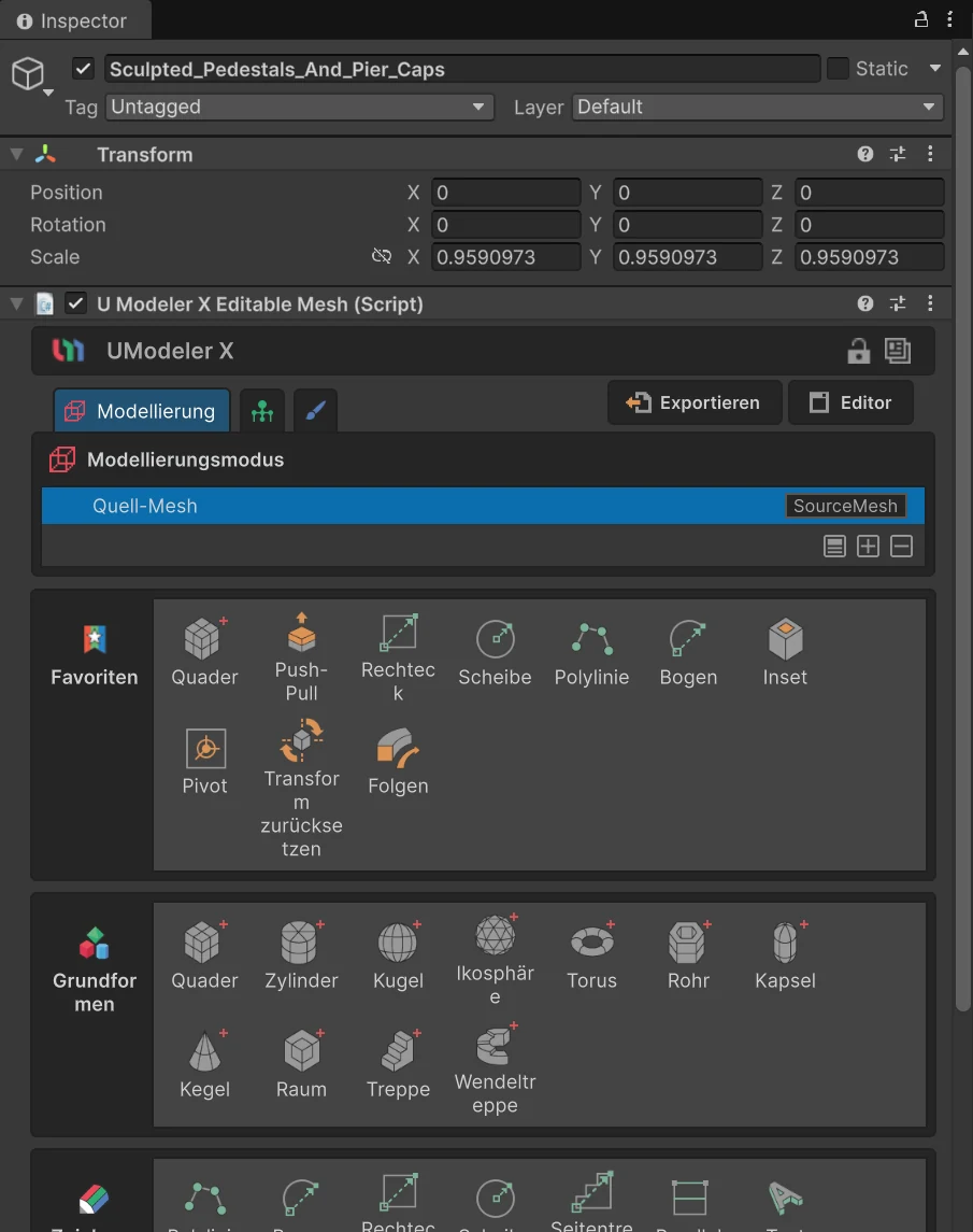 The UModeler X panel in the Unity Inspector, in German.